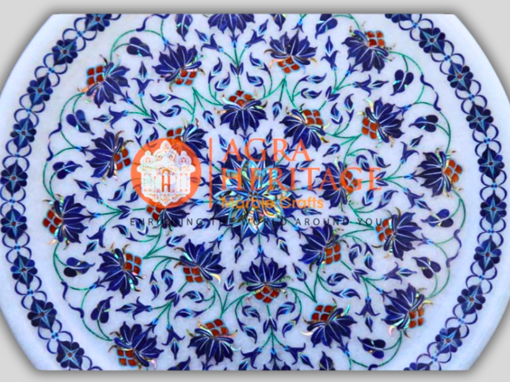 White Marble Plate Lapis Lazuli Malachite Inlay Floral Decor